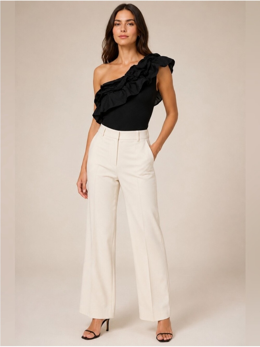 Express Black One-Shoulder Poplin Ruffle Ribbed Bodysuit S - Picture 3 of 8